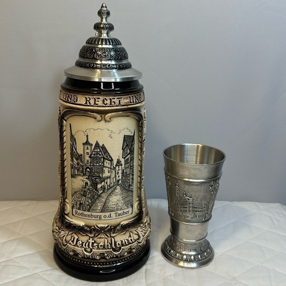 Rothenburg German Beer Stein Rustic Natural With Silver Tone Pewter Cup Vintage - Picture 4 of 15